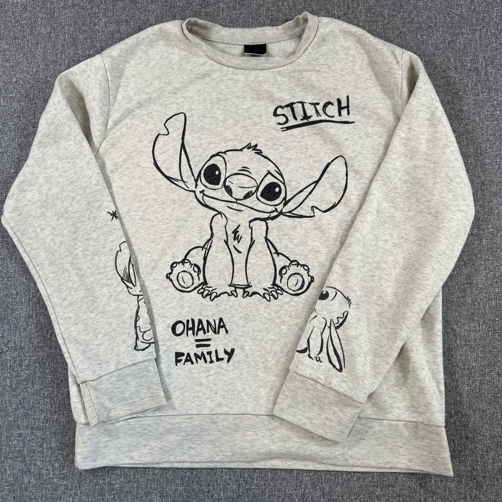 Disney Stitch Ohana Means Family Fleece Sweatshirt Womens Large Gray Pullover